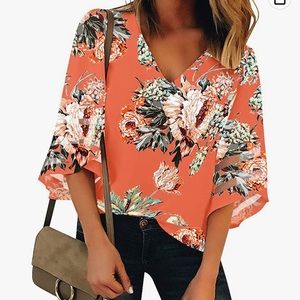 Floral salmon pink vneck top shirt blouse M